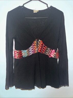 Sweet Pea Black Long-Sleeve V-Neck Top with Multicolor Crochet Waist. Stretchy